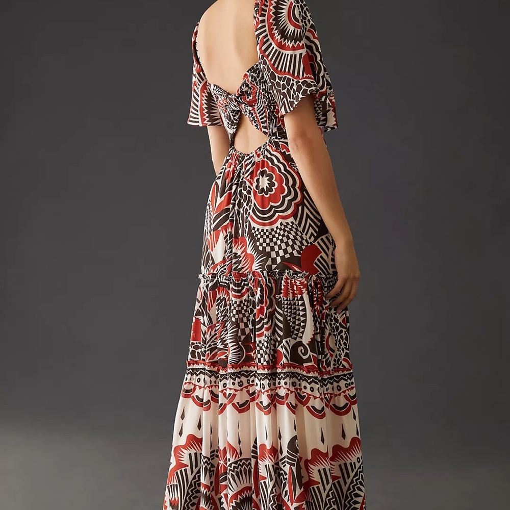Elegant Red and Black Patterned Dress- Anthropologie Tiered Maxi Dress